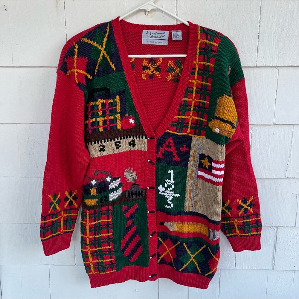 Signature by Northern Isles Vintage School Themed Pencil Buttobs Cardigan Small